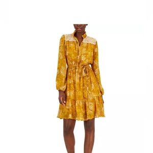 Tahari Women's Long Sleeve Button Front Tie Waist Printed Chiffon Dress size 10